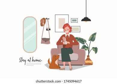 Woman cartoon character stay home and take a hot drinks. Social distancing concept new normal lifestyle.