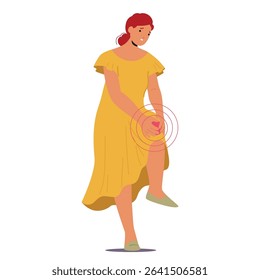 Woman cartoon character suffering from joint pain menopause symptom isolated on white background. Unhappy female feeling terrible discomfort in knee having problem with legs vector illustration