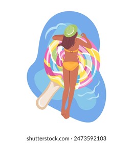 Woman cartoon character sunbathing while swimming on rubber lollypop candy mattress above view
