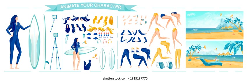 Woman Cartoon Character in Swimming Suit with Surfboard, Body Parts Details and Summer Beach Backgrounds - Animation Set. Surfer Sportswoman Constructor KIt. Flat Vector Illustration Isolated.