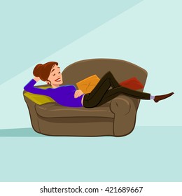 woman cartoon character taking nap on couch, girl napping, relaxed woman sleeping or dreaming, having a rest lying on couch at home, funny vector illustration