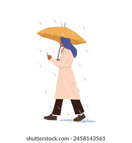 Woman cartoon character with umbrella walking under rain using mobile phone isolated on white