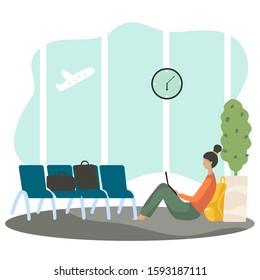 Woman cartoon character waiting in airport terminal, vector illustration. Lonely passenger in waiting room sitting on the floor with laptop. Airport departure delay, international airline travel