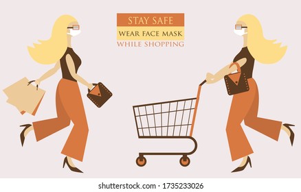 el personaje de caricatura femenino usa mascarilla médica mientras lleva una bolsa y un carrito. Gente, bolsa, compras, vector de carro. Mantente a salvo mientras compras.