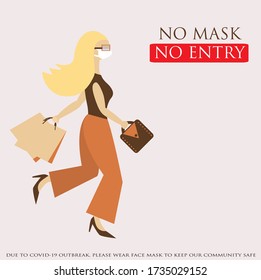 woman cartoon character wearing protection glasses and medical face mask carry shopping bag and the lettering no mask no entry, keep our community safe. Stop the coronavirus. isolated vector.