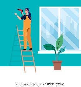 woman cartoon with construction drill on ladder design of remodeling working and repairing theme Vector illustration