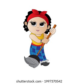 woman cartoon doing cleaning with a broom