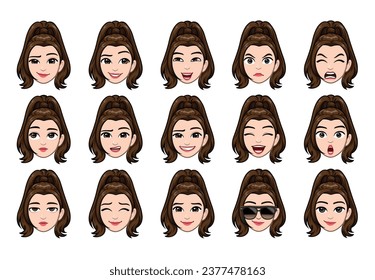 Caricatura de una mujer. Ojos y boca expresivos, expresiones de caracter sonrientes, llorosos y sorprendidos. Emociones cómicas de caricatura o doodle emoticono. Iconos de ilustraciones vectoriales aislados.