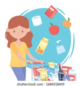 woman cartoon with full supermarket cart food hoarding excess purchase vector illustration