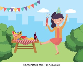 Woman cartoon having picnic design, Food party summer outdoor leisure healthy spring lunch and meal theme Vector illustration
