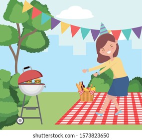 Woman cartoon having picnic design, Food party summer outdoor leisure healthy spring lunch and meal theme Vector illustration