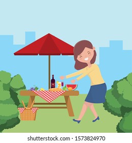 Woman cartoon having picnic design, Food party summer outdoor leisure healthy spring lunch and meal theme Vector illustration