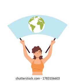 Woman cartoon holding banner board with world design, Manifestation protest and demonstration theme Vector illustration