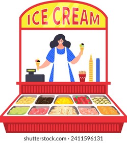 Woman at cartoon ice cream shop, summer food isolated on white vector illustration. Stall with delicious sweet, cart market at street outdoor. Flat seller stand at cartoon kiosk business.