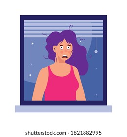 woman cartoon with insomnia in window design, sleep and night theme Vector illustration