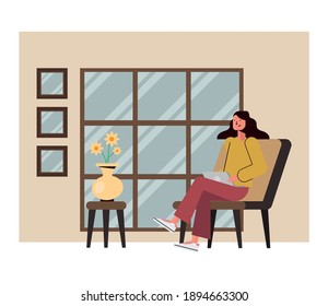 Woman cartoon with laptop at home design, Digital technology and communication theme Vector illustration