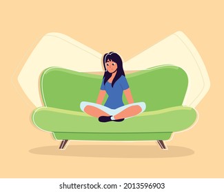 woman cartoon meditating on the couch