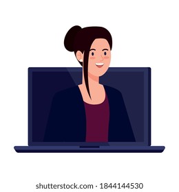 woman cartoon on laptop design, Girl female person people human and social media theme Vector illustration