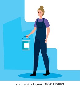 woman cartoon painting with bucket design of remodeling construction working and repairing theme Vector illustration