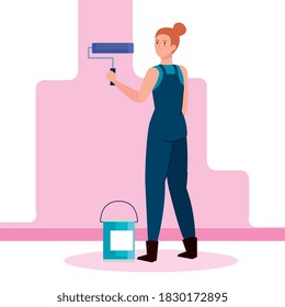 woman cartoon painting with roll and bucket design of remodeling construction working and repairing theme Vector illustration