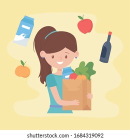 woman cartoon with paper bag supermarket food hoarding excess purchase vector illustration
