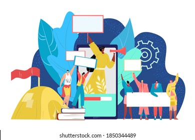 Woman at cartoon smartphone, activist person at protest vector illustration. Female male people character near huge mobile screen. Online teenager protester at social media concept.