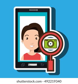 woman cartoon smartphone camera search