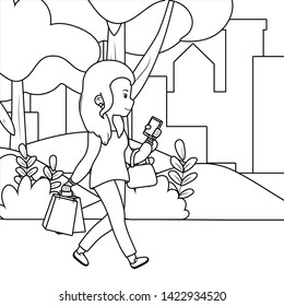 Woman cartoon with smartphone  in the park design