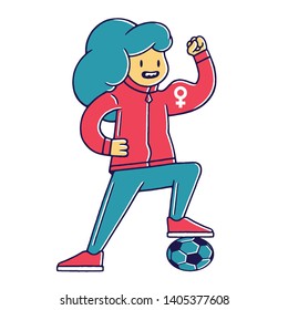 Woman. Cartoon Woman with Soccer Ball. Cartoon Strong Woman. Women Football. Girl Power. Struggle for Freedom. Feminism. Woman on white background isolated. Stock Vector Illustration. 