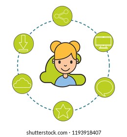 woman cartoon social media icons connection