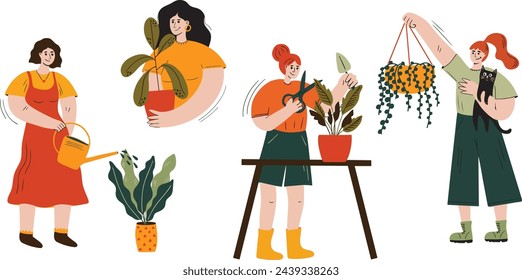 Personaje de estilo de dibujos animados de la mujer cuidar de la planta interior en el conjunto de ollas de ilustraciones vectoriales. Muchacha de jardinería, riego de la planta del hogar dibujado a mano kit de elementos. Groovy colección de plantas que crecen en casa