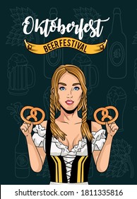woman cartoon with traditional cloth and pretzels design, Oktoberfest germany festival and celebration theme Vector illustration