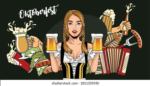 woman cartoon with traditional cloth sausages beer glasses and accordion design, Oktoberfest germany festival and celebration theme Vector illustration