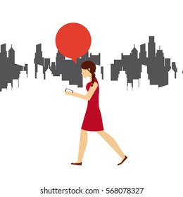 woman cartoon walking over city background. colorful design. vector illustration