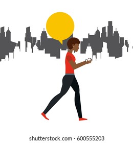 Woman Cartoon Walking Over City Background. Colorful Design. Vector Illustration