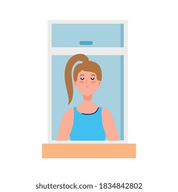 woman cartoon at window design, Girl female person people human and social media theme Vector illustration