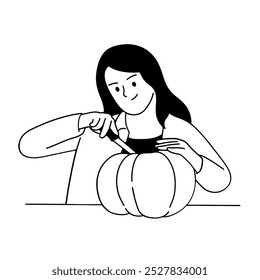 Woman carving pumpkin for halloween hand drawn illustration