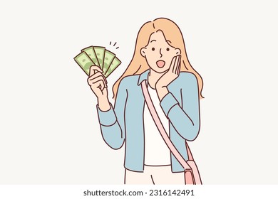 Woman with cash screams wow rejoicing at big purchase bonus or cashback. Girl demonstrates banknotes calling for participation in lottery or competition with money prize for winner