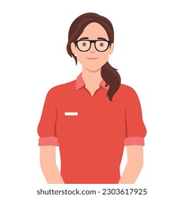 Woman cashier smiles buyer. Retail worker with uniform standing and smiling with glasses. Flat vector illustration isolated on white background