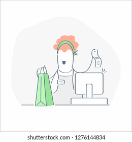 Woman cashier in supermarket. Seller at the counter, supermarket checkout. Saleswoman giving purchases and bill to the client. Modern outline cartoon vector style illustration, premium quality