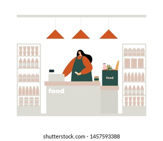 Woman cashier teller at the checkout counter punches a check for payment of products. Concept of sale in a supermarket and retail store. Vector illustration in flat style. 