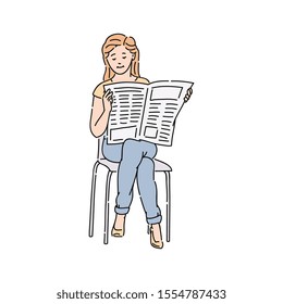 A woman in cassual wear sitting and reading newspaper vector cartoon illustration isolated on white background. Daily information media concept icon in sketch style.
