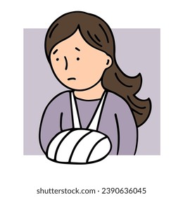 Woman with a cast on a broken arm. Gypsum bandage. Medical care, treatment and rehabilitation. Help with trauma. Cartoon vector illustration. Hand drawn line