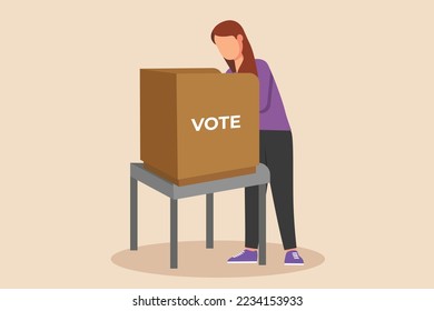 Mujer emitiendo sus votos en la cabina de votación para las elecciones generales regionales o presidenciales. Concepto de votación. Ilustración vectorial gráfica plana de color. 