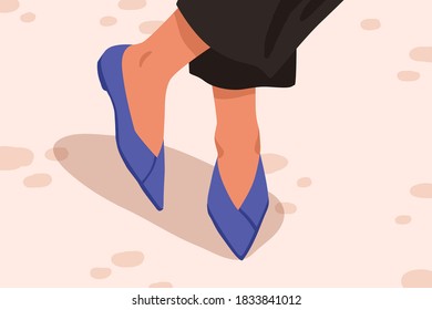 Woman casual acute toe court shoes with flat sole. Stylish blue leather pump shoes. Female feet in fashionable elegant summer footwear. Trendy footgear vector cartoon illustration