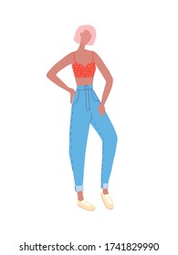 Woman in casual cloth isolated student girl. Vector female character in summer apparel, jeans and shirt. Fashion model, vogue lady in everyday outfit cartoon flat style illustration