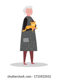 Woman in casual cloth walking with her cat. Cute human and pet characters. Vector illustration.