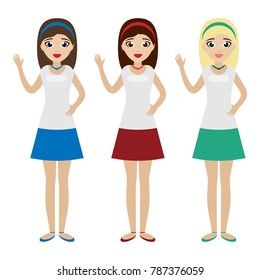 Woman in casual clothes in flat design waving her hand. Character for your project print idea, web, poster in flat style. Wearing a T-shirt and skirt.Vector Illustrations.