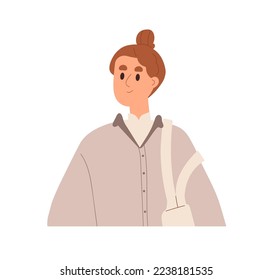 Woman in casual clothes, hair bun. Smiling girl in modern ordinary apparel, shoulder bag. Young female character in relaxed neutral outfit. Flat vector illustration isolated on white background