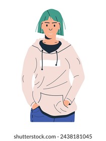 Woman in Casual Clothes Isolated. Modern Girl in Hoodie and Jeans. Female Character in Casual Clothing. Green Short Hair Tomboy in Everyday Outfit. Cartoon Flat Vector Illustration